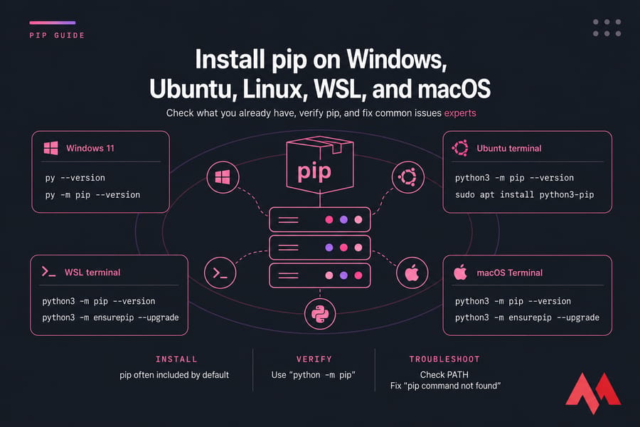 Hero graphic for installing pip across Windows 11, Ubuntu, WSL, and macOS with install, verify, troubleshoot labels