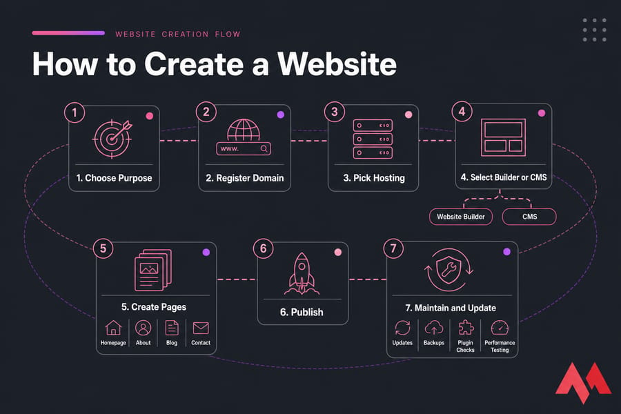 MonoVM-style infographic showing 7 steps to create a website from purpose and domain to publish and maintenance.