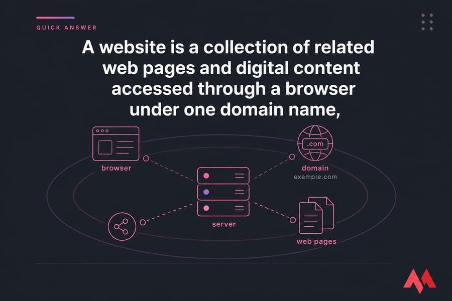 Quick answer card defining a website with labeled browser, domain, server, and web pages icons