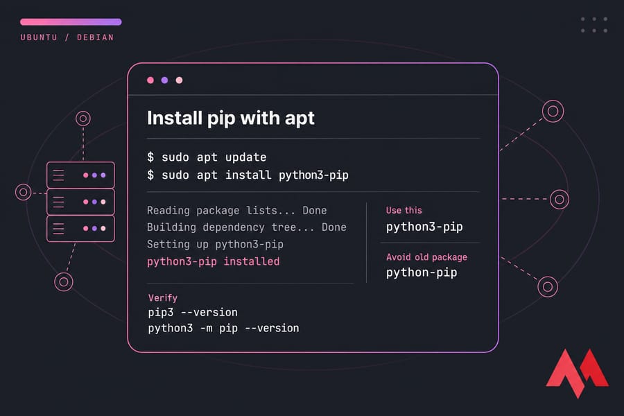 Stylised Ubuntu terminal showing apt commands to install python3-pip and verify pip.