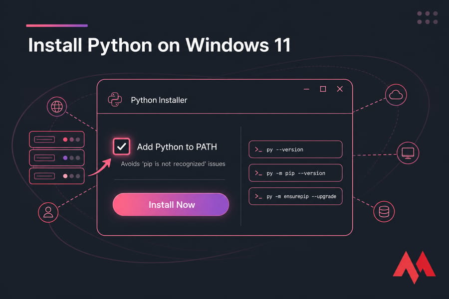 Stylised Windows 11 Python installer showing highlighted Add Python to PATH and Install Now button