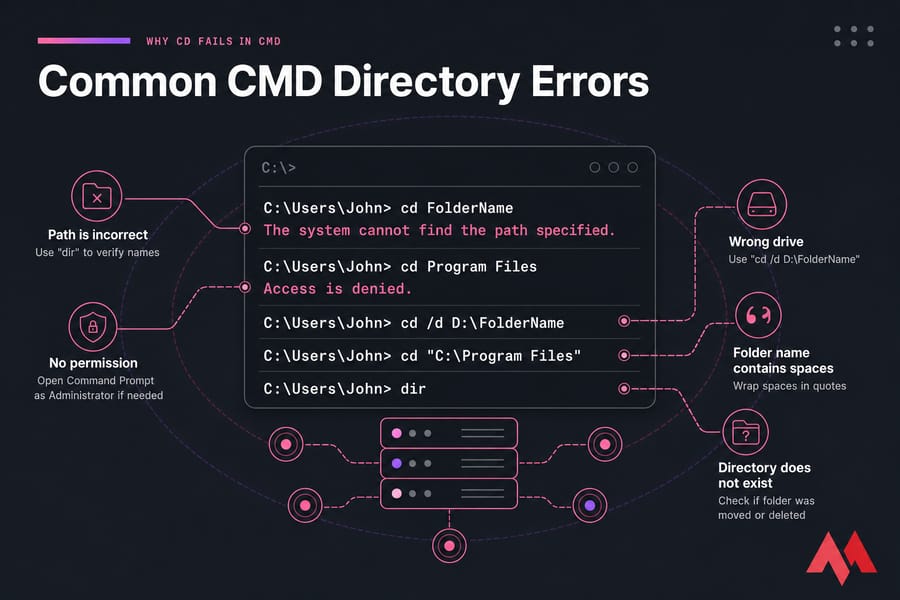 Stylized CMD error illustration with callouts for wrong path, wrong drive, spaces, and permission issues