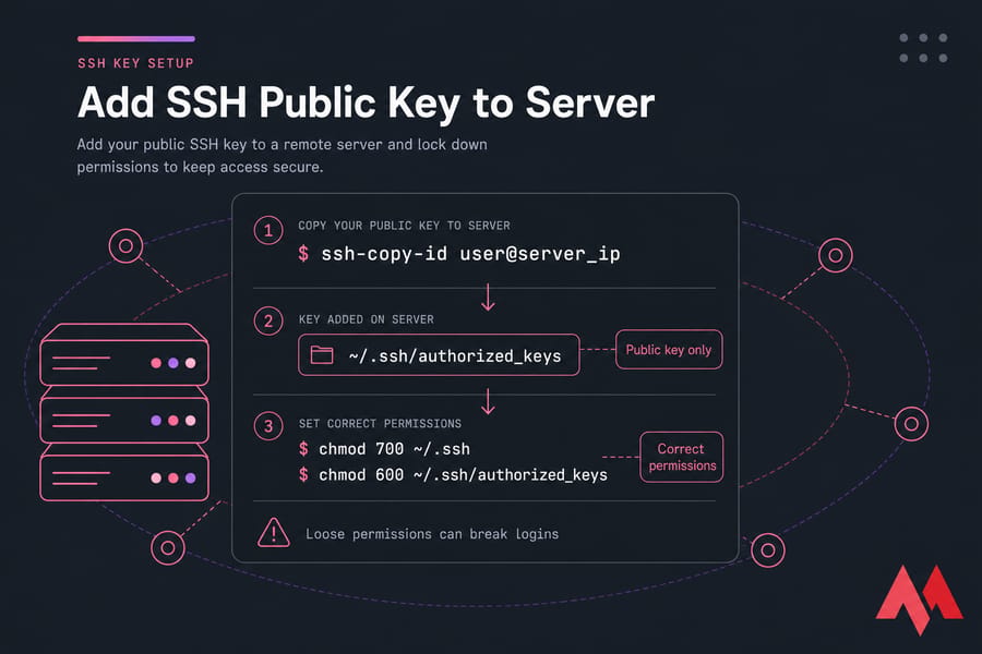 Stylized terminal illustration showing ssh-copy-id and SSH permission commands for authorized_keys.