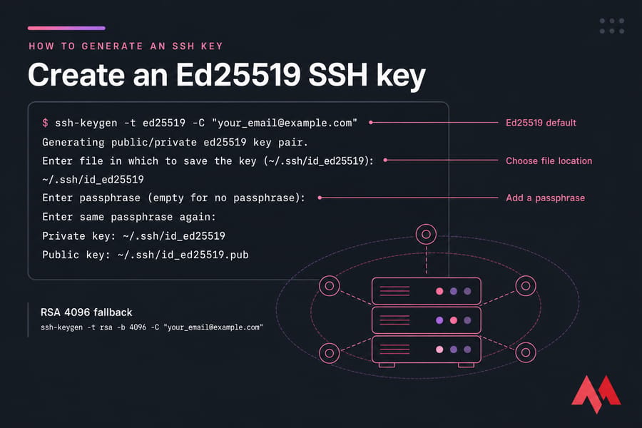 Stylized terminal illustration showing ssh-keygen creating an Ed25519 SSH key and passphrase prompts