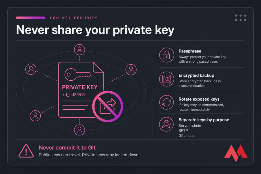 Warning card showing a private SSH key with do-not-share icon and security notes.