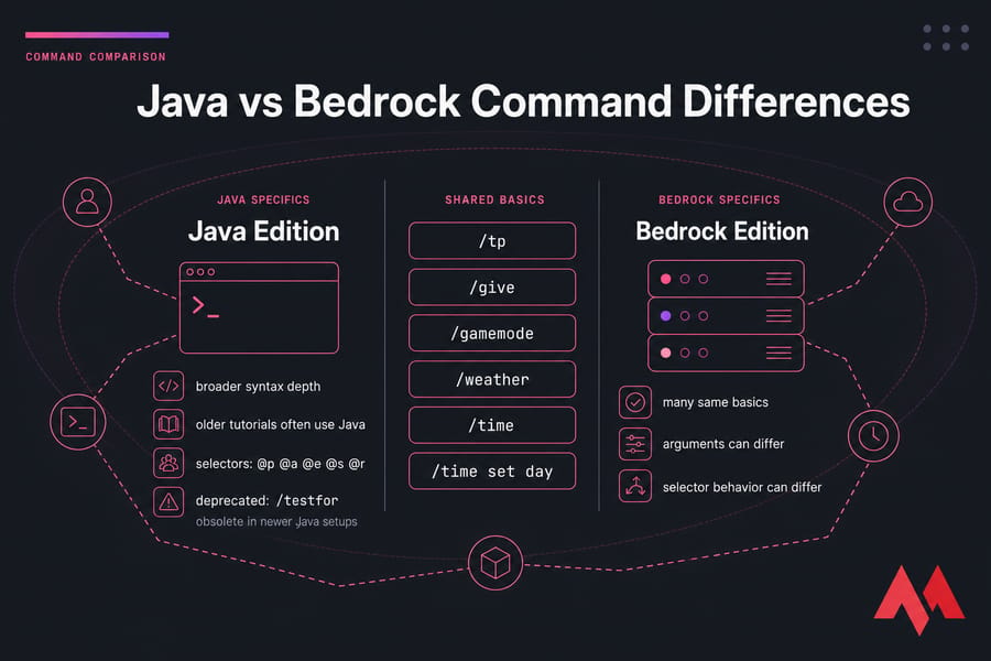 Side-by-side Java Edition vs Bedrock Edition Minecraft command differences infographic.