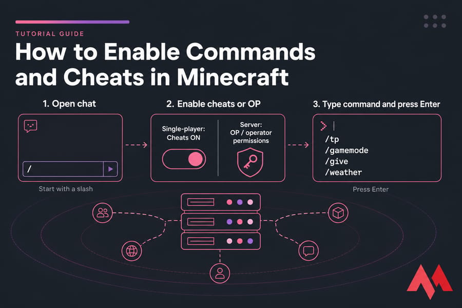 Three-step Minecraft commands infographic: open chat, enable cheats or OP, then type command and press Enter.