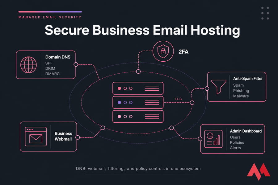 Concept illustration of secure business email hosting with DNS, 2FA, webmail, anti-spam, TLS, and admin dashboard.