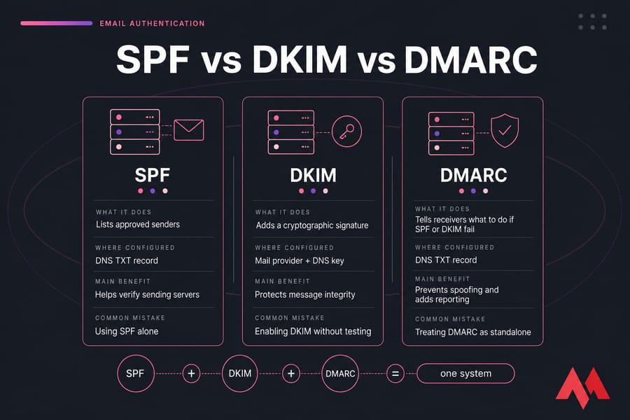 Side-by-side comparison of SPF, DKIM, and DMARC with purpose, setup, benefits, and common mistakes.