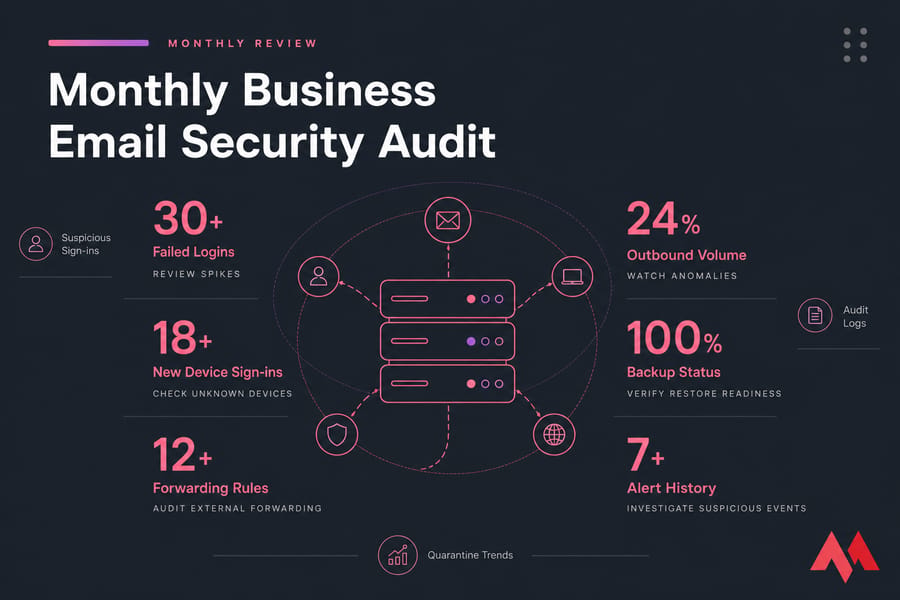 Stylized monthly business email security audit dashboard with six monitoring categories around server icons.