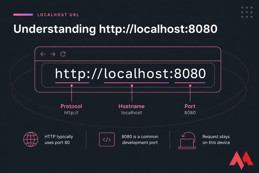 Annotated localhost URL showing protocol, hostname, and port 8080 in a stylised browser frame.