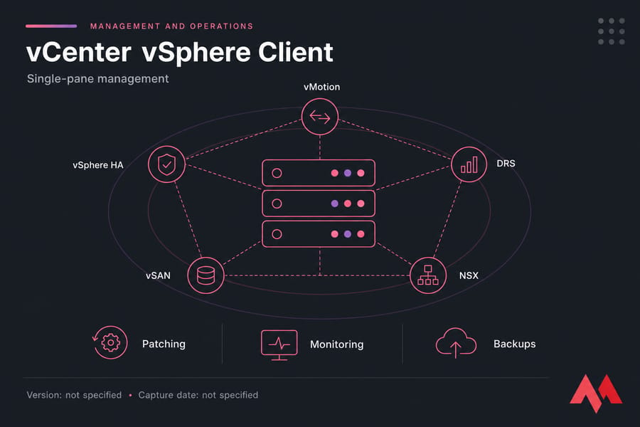 Conceptual vCenter dashboard showing centralized VMware operations and key vSphere capabilities.