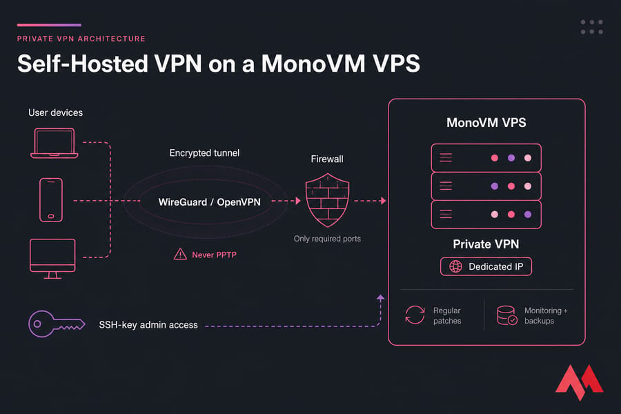 Diagram of devices using WireGuard or OpenVPN to reach a private VPN on a secured MonoVM VPS.