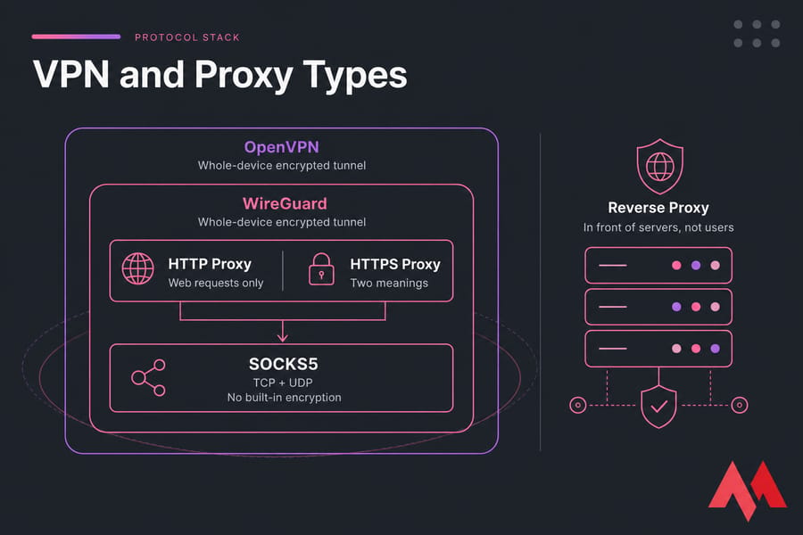 Layered HTTP, HTTPS, SOCKS5, WireGuard and OpenVPN stack with a reverse proxy callout.