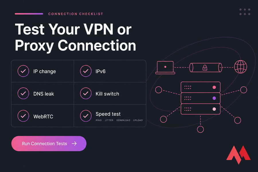 VPN and proxy connection checklist covering IP, leaks, kill switch, and speed tests.