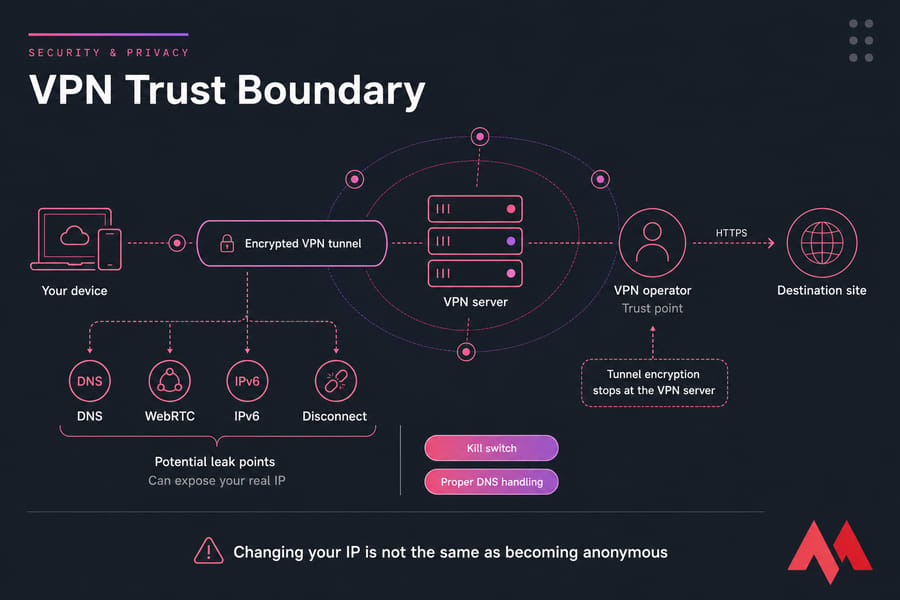 VPN trust map showing tunnel coverage, operator trust, HTTPS, and DNS, WebRTC, IPv6, and disconnect leaks.