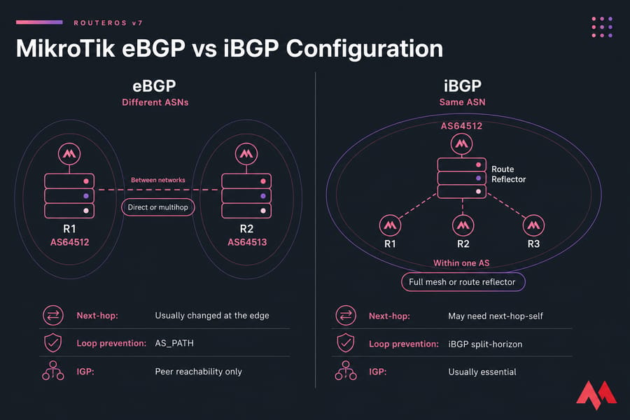 Side-by-side MikroTik eBGP topology across two ASNs and iBGP topology using a route reflector.