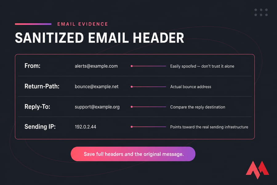 Annotated sanitized email header showing From, Return-Path, Reply-To, and sending IP fields.