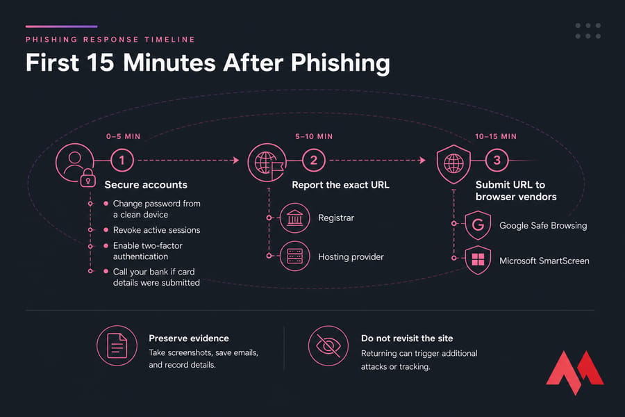First 15 minutes after phishing: secure accounts, report the URL, and alert browser vendors.
