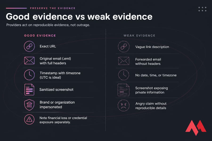Good versus weak evidence for malicious-domain reports, including URLs, headers, UTC time, and safe screenshots.
