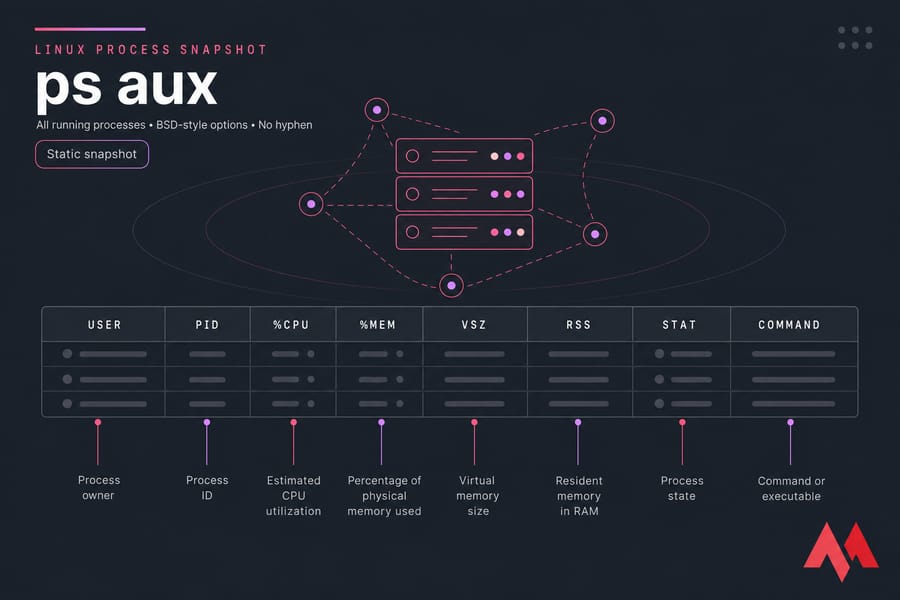 Annotated ps aux diagram explaining USER, PID, CPU, memory, state, and command columns.