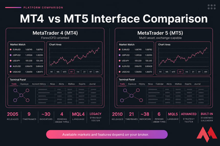 Conceptual MT4 vs MT5 interface comparison with labelled panels, platform stats, and broker reminder.