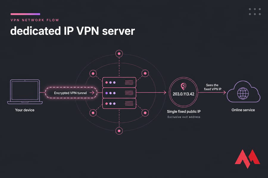 Diagram of a device using an encrypted VPN tunnel, fixed public IP, and online service.