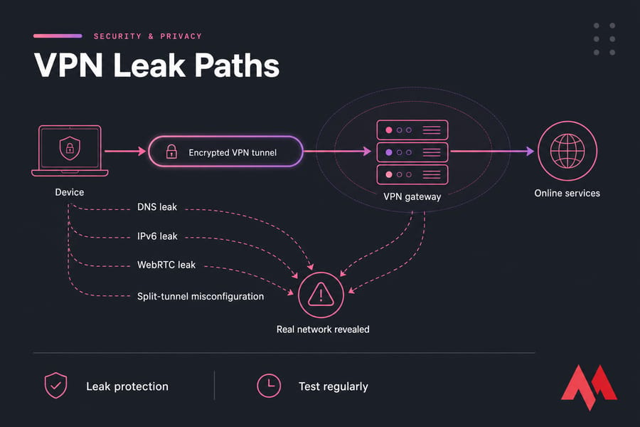 Diagram of four VPN leak paths bypassing an encrypted tunnel and revealing the real network.
