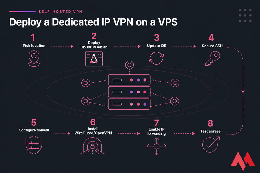 Eight-step diagram for deploying a dedicated IP VPN on a VPS, from location selection to egress testing.