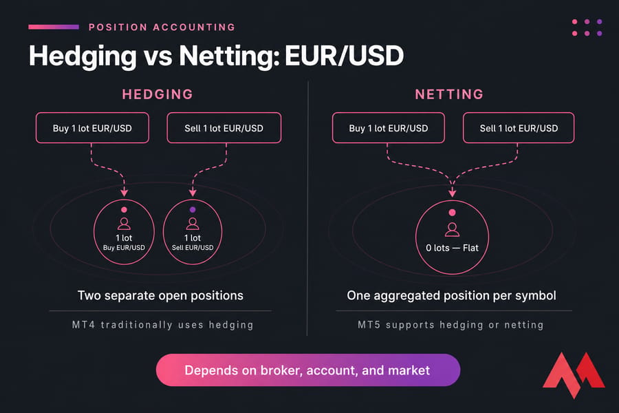 Hedging keeps two EUR/USD trades open; netting combines them into a flat aggregated position.