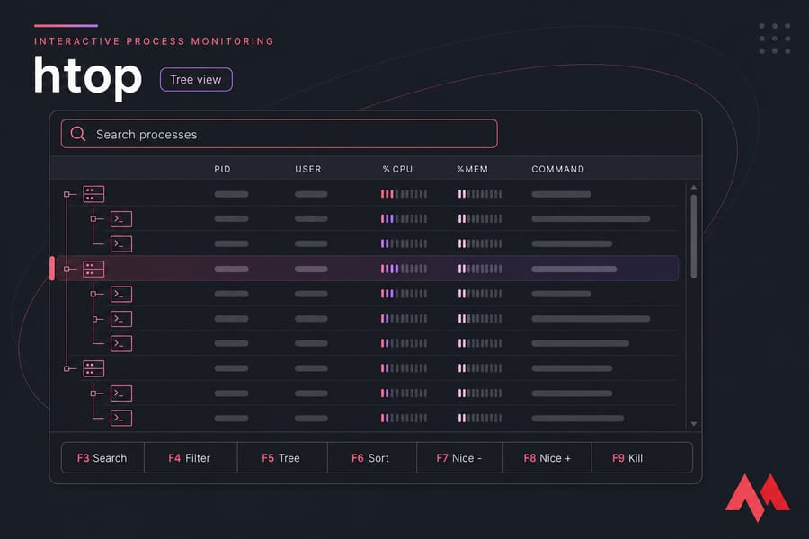 Stylised htop process tree with search, CPU and memory columns, and labeled function-key controls.