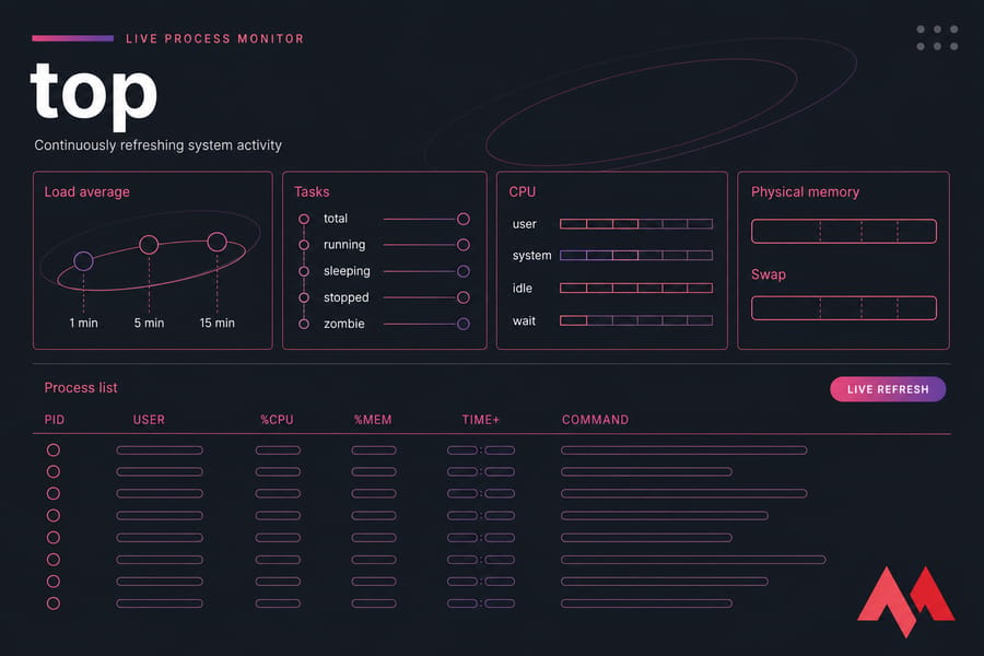 Stylised top monitor showing load, tasks, CPU, memory, swap, and highlighted process columns.