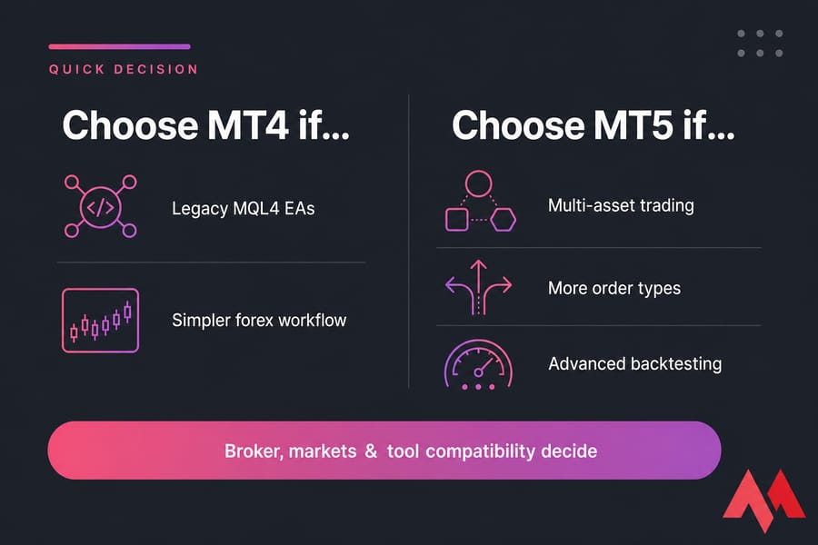 Two-column decision card showing when to choose MT4 or MT5, with broker compatibility reminder.