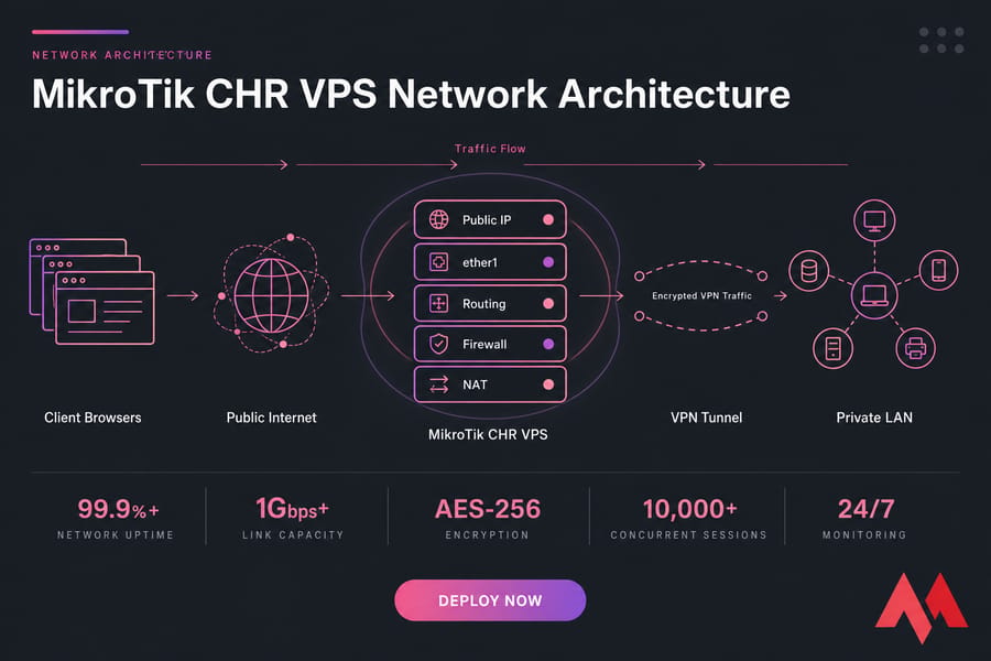 Diagram of browsers sending traffic through a MikroTik CHR VPS and VPN tunnel to a private LAN.