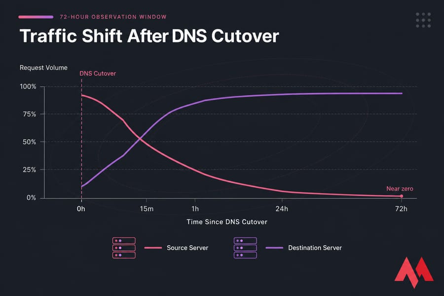Line chart showing source traffic falling near zero as destination traffic rises over 72 hours.