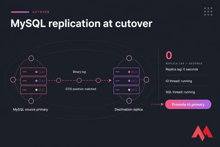 MySQL primary streams binary logs to a zero-lag replica, ready for promotion at cutover.