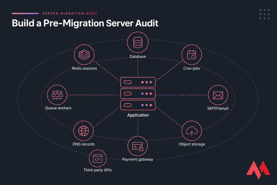 Pre-migration dependency map linking an application to nine services that must be audited.