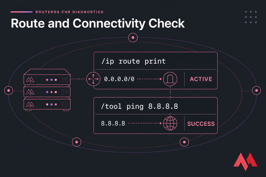 RouterOS CHR diagnostics showing an active default route and successful ping to 8.8.8.8.