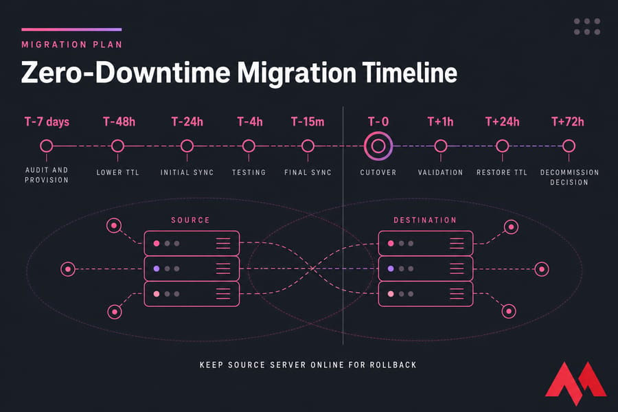 Zero-downtime server migration timeline from T-7 days through the T+72h decommission decision.