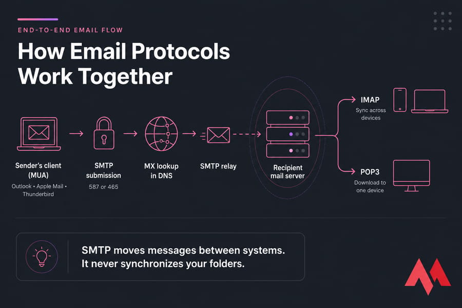 Diagram of SMTP sending mail through DNS and relay, then IMAP or POP3 delivering it to recipient devices.