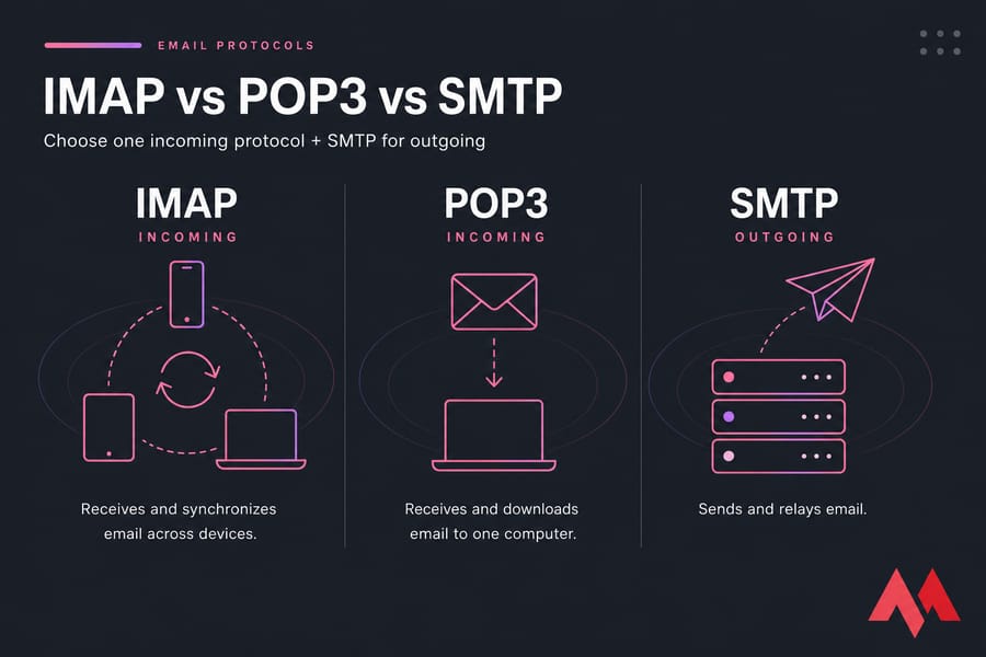 Three-column comparison showing IMAP sync, POP3 download, and SMTP sending roles.