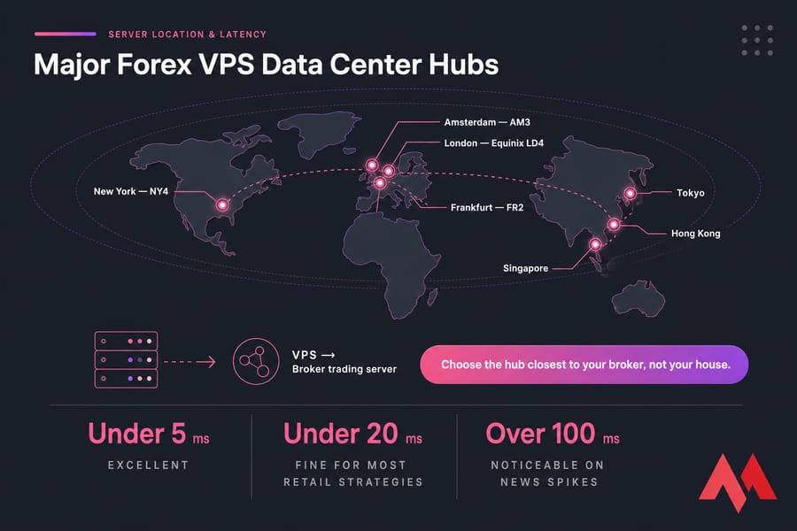 Map of seven Forex VPS hubs with broker-distance guidance and key latency thresholds.