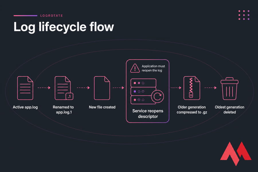 Logrotate lifecycle from active app.log through reopening, compression, and deletion.