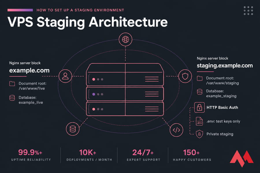 MonoVM-style diagram of one VPS with live and staging Nginx blocks, separate paths and databases, and staging auth lock.