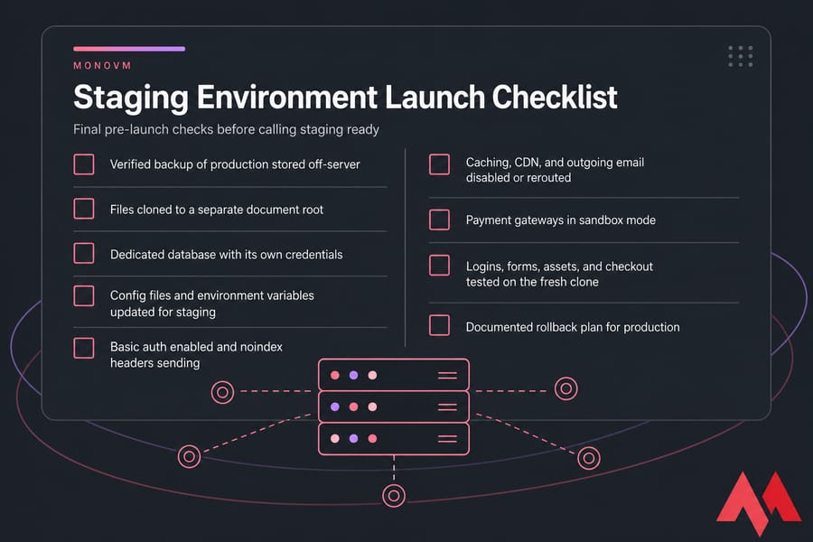 Printable MonoVM staging environment launch checklist card with nine tickable setup items.