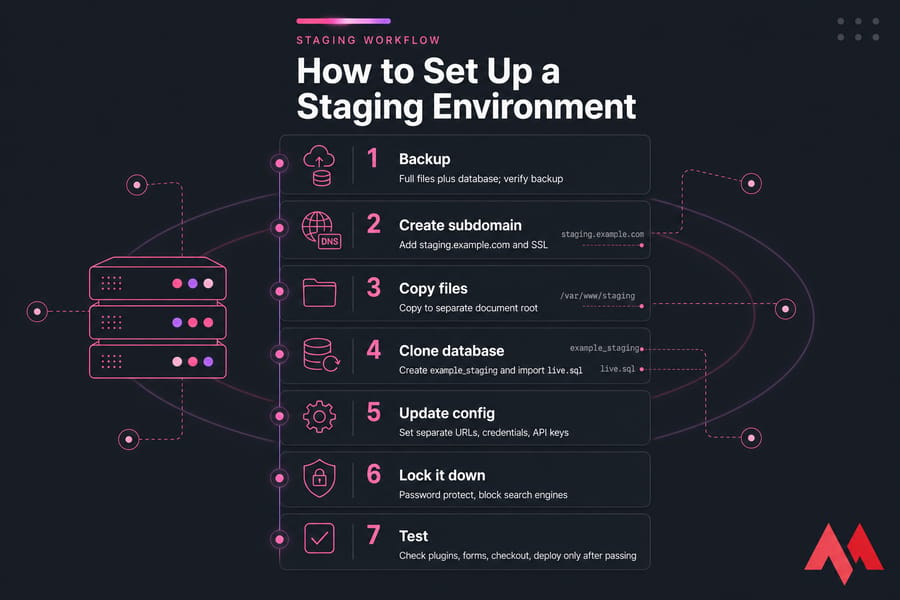 Seven-step staging environment infographic from backup to testing in MonoVM style