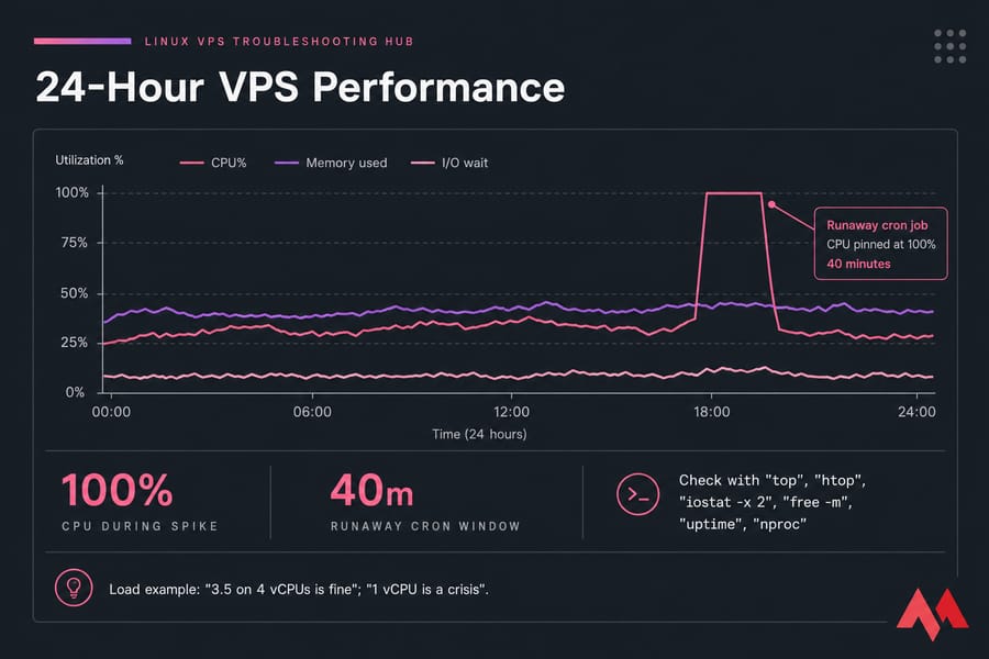 24-hour VPS chart showing CPU, memory, and I/O wait with a 40-minute CPU spike from a runaway cron job
