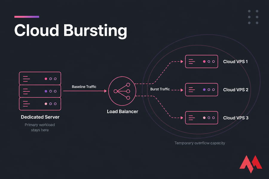 Cloud bursting diagram with dedicated server, load balancer, and three Cloud VPS burst nodes