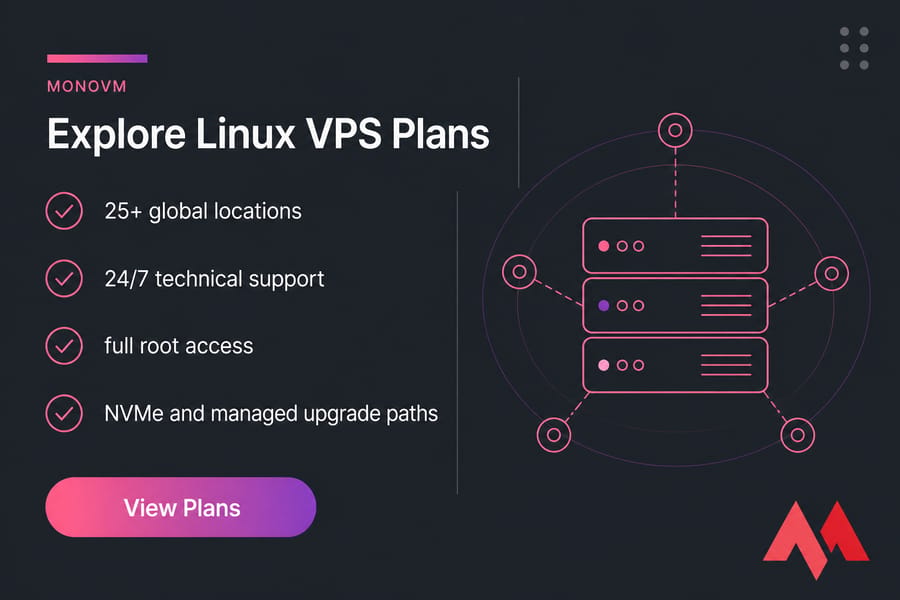 MonoVM-style callout card for Linux VPS plans with four trust points and server illustration