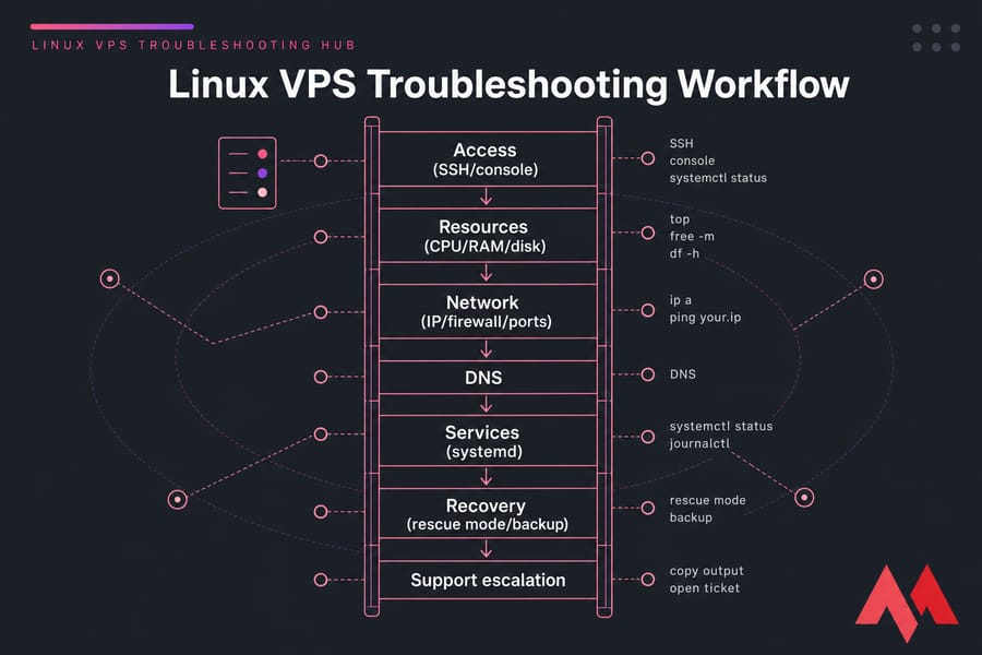 Vertical ladder diagram of Linux VPS troubleshooting steps with commands beside each rung